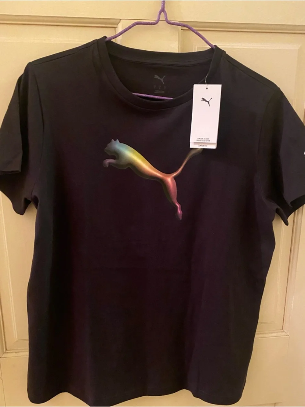 NEW Puma Black Tee with Rainbow Iridescent Cat Logo - Picture 1 of 2